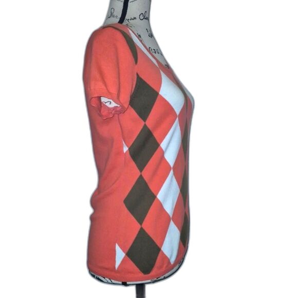 J. Crew Sweater Top S Argyle SS Cotton Orange White Brown Pullover Preppy - Picture 2 of 7